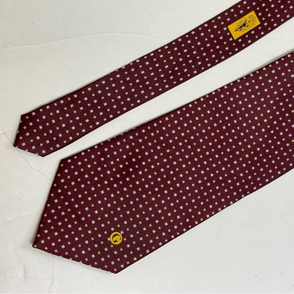 Gucci Designer Vintage Necktie Maroon Gray Squares G Logo 100% Silk - Picture 3 of 10